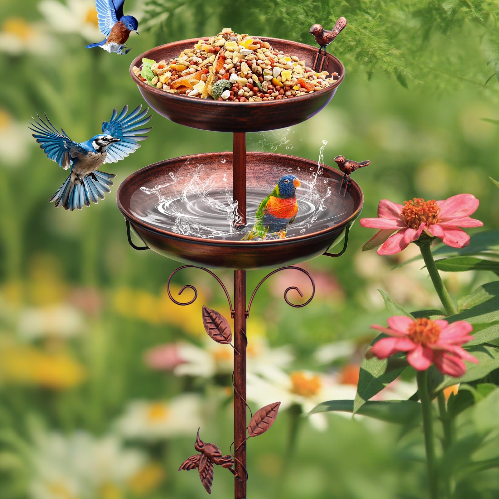 Photo 1 of GRECOMEIN Metal Bird Bath for Outside, 2-in-1 Birdfeeder and Bath, 42 Inch Tall Stand with Hummingbird, Large 12Inch & Small 7.9Inch Bird Bath Bowl, 3 Bird Decor for Garden, Antique Bronze