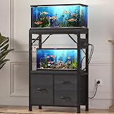 Heybly 5-10Gal Fish Tank Stand with Drawer, Power Outlet,200lbs HAS002SBK-1 | Aquarium Stand,Heavy Duty Metal Frame for Fish Tank, Turtle &amp; Reptile Terrarium, 20.5" &times; 10.2" Top, Black