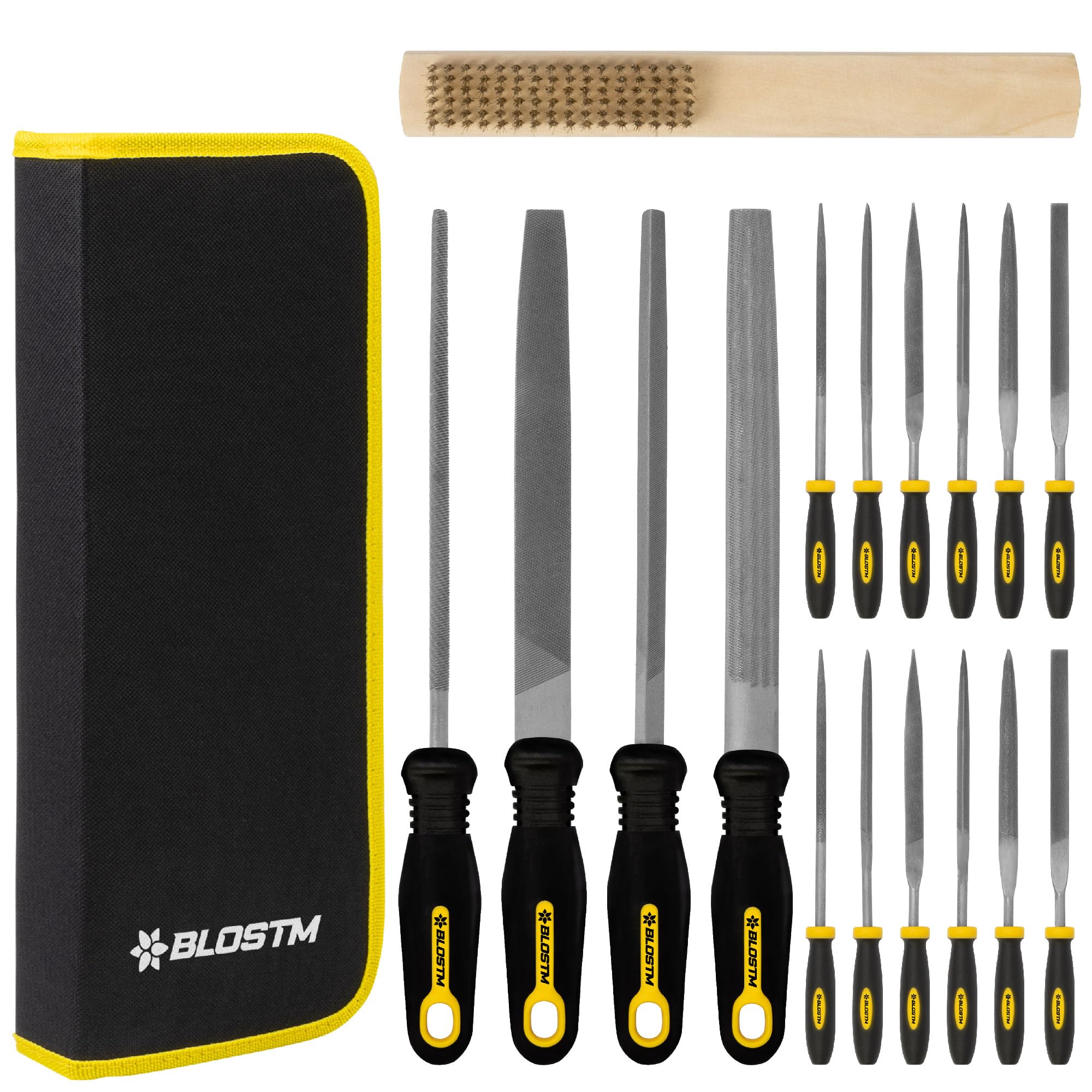 BLOSTM Assorted Metal File Set - 17pc Tool Set of 4 Large Metal Files & 12 Needle Files with Compact Tool Case & Brush - Glass, Plastic, Metal & Woodworking Tools to Smooth, Sharpen or Shape - 17PCS