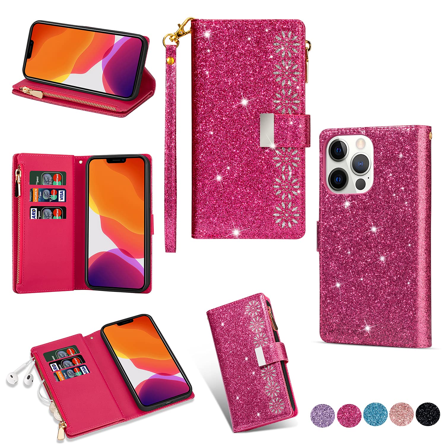 Wallet Case for iPhone 13 Pro Max ,Glitter Carving Zipper Handbag with 9 Card Slots & Wrist Strap,Stand Flip Protective Cover for Women Magnetic Phone Case for iPhone 13 Pro Max 6.7 inch (Rose Red) — image 1