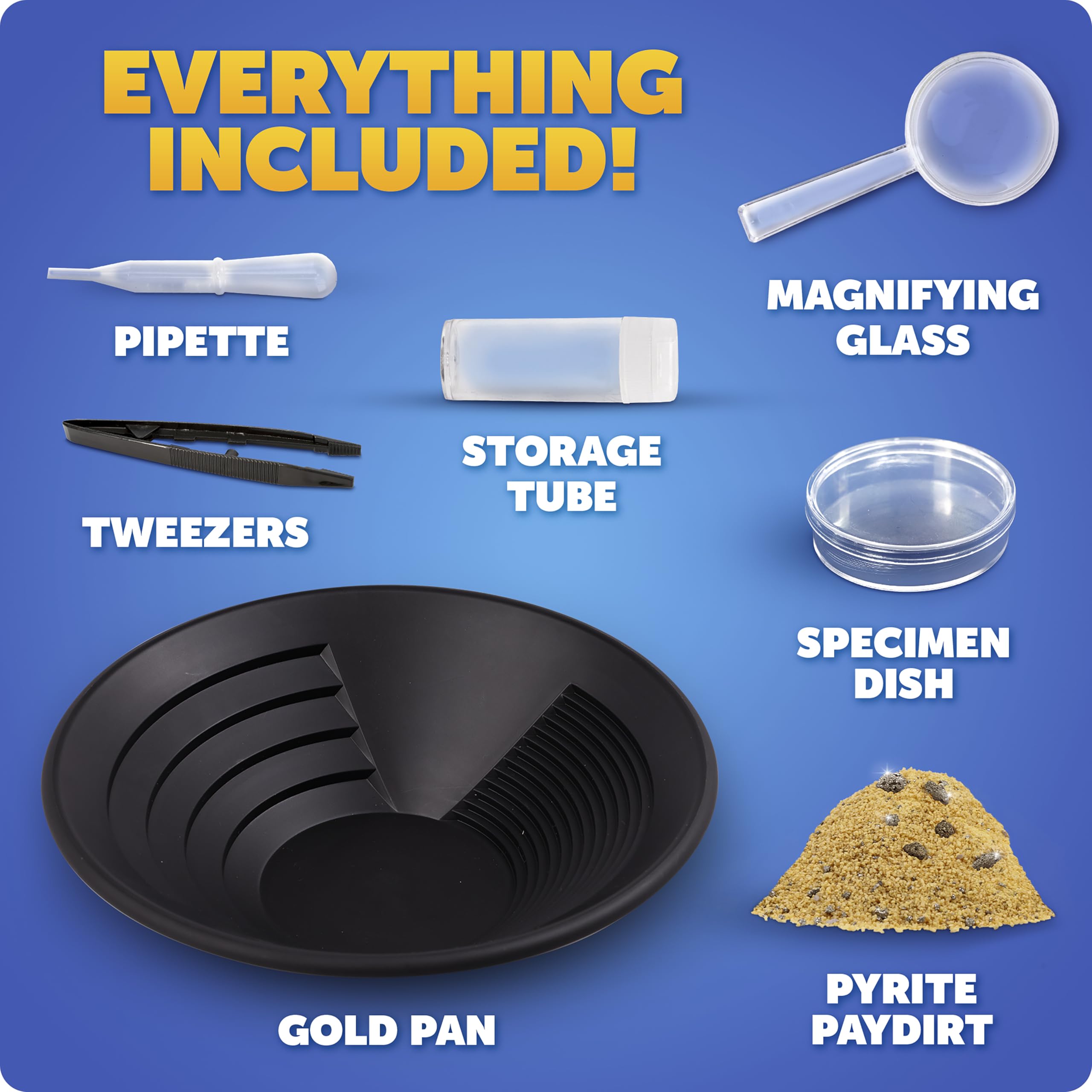 Blue Marble Gold Panning Kit for Kids - Learn to Pan for Gold, Includes Pay Dirt with Real Pyrite Specimens, Reusable Panning Pan, Vial, Tweezers & More
