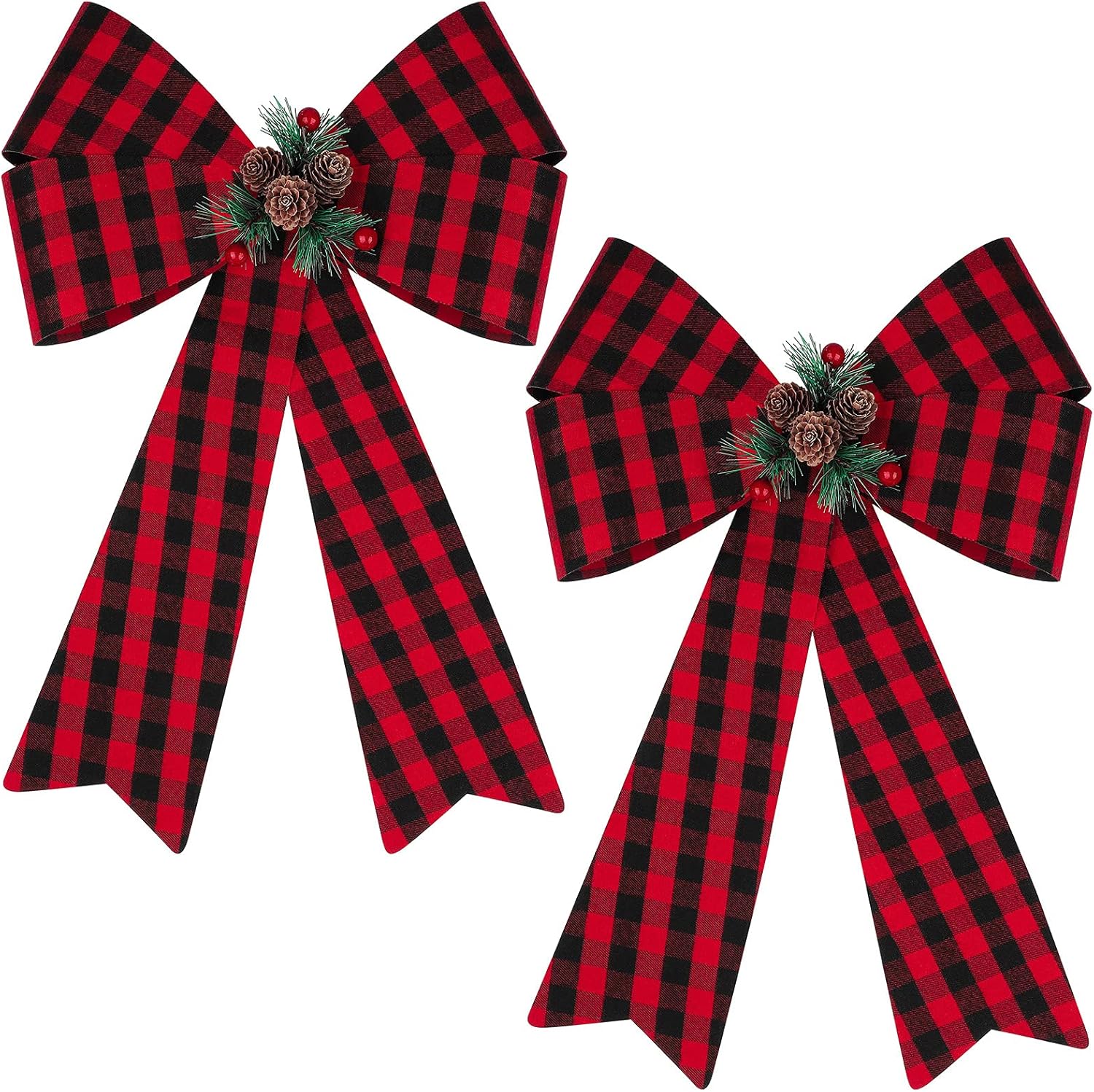 Bows & Ribbons - MCEAST 2 Pieces Christmas Bows 18 x 12 Inches Christmas Wreath Bows Xmas Buffalo Plaid Bows with Pine Cones Ornaments for Christmas Tree Indoor Outdoor Decorations (Red and Black)