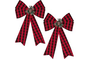 MCEAST 2 Pieces Christmas Red Bows Christmas Wreath Bows Xmas Buffalo Plaid Bows with Pine Cones Ornaments for Christmas Tree Indoor Outdoor Decorations (Red, Black, Green)