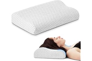 PEUJEW Travel Pillow Memory Foam Pillows, Ergonomic Wave Cervical Neck Pillow for Neck Pain Relief, Compressible Medium Firm Side Sleeper Pillow, Ideal for Camping, Office, Home & Bed (White, L)