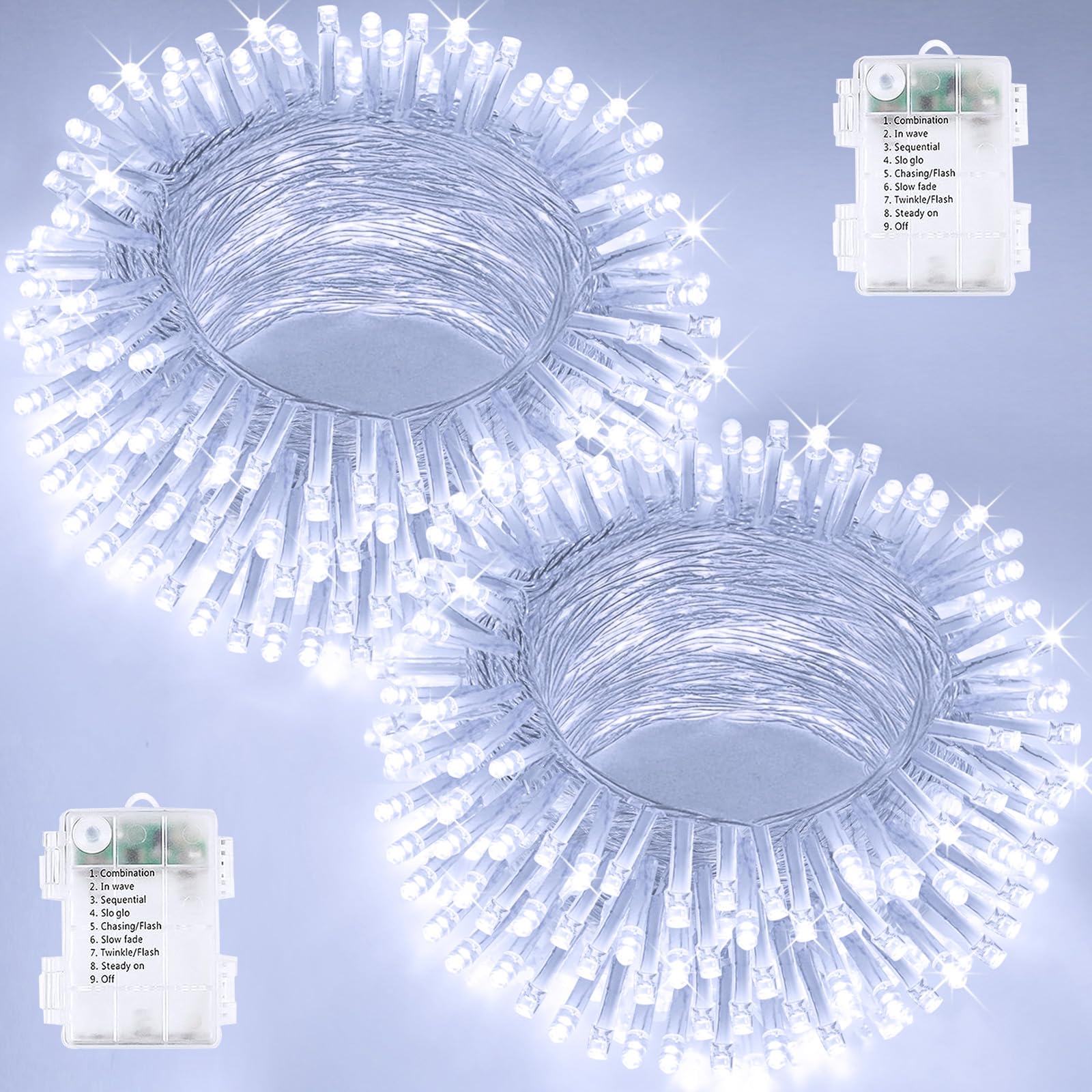 Photo 1 of 2 Pack Christmas String Lights Battery Operated with Timer, 66FT 200 LED Waterproof Twinkle Lights, 8 Modes Fairy Light for Indoor and Outdoor Bedroom Garland Tree Christmas Decorations (Cool White)