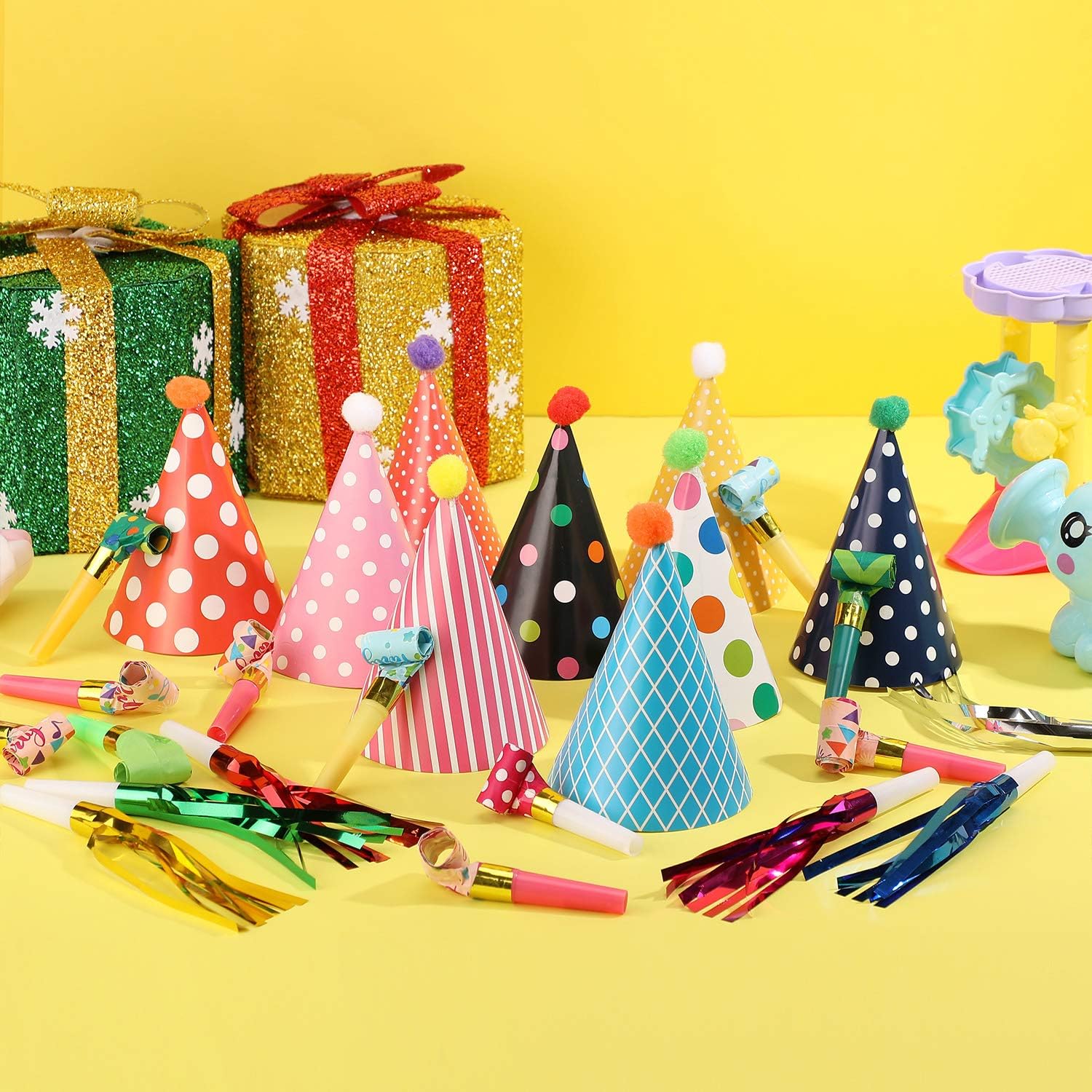 9 Pieces Birthday Party Hats Adorable Party Cone Hats with 24 Colorful Paper Blowouts and 24 Glittering Metallic Tassel Blowouts for Birthday Party: Clothing