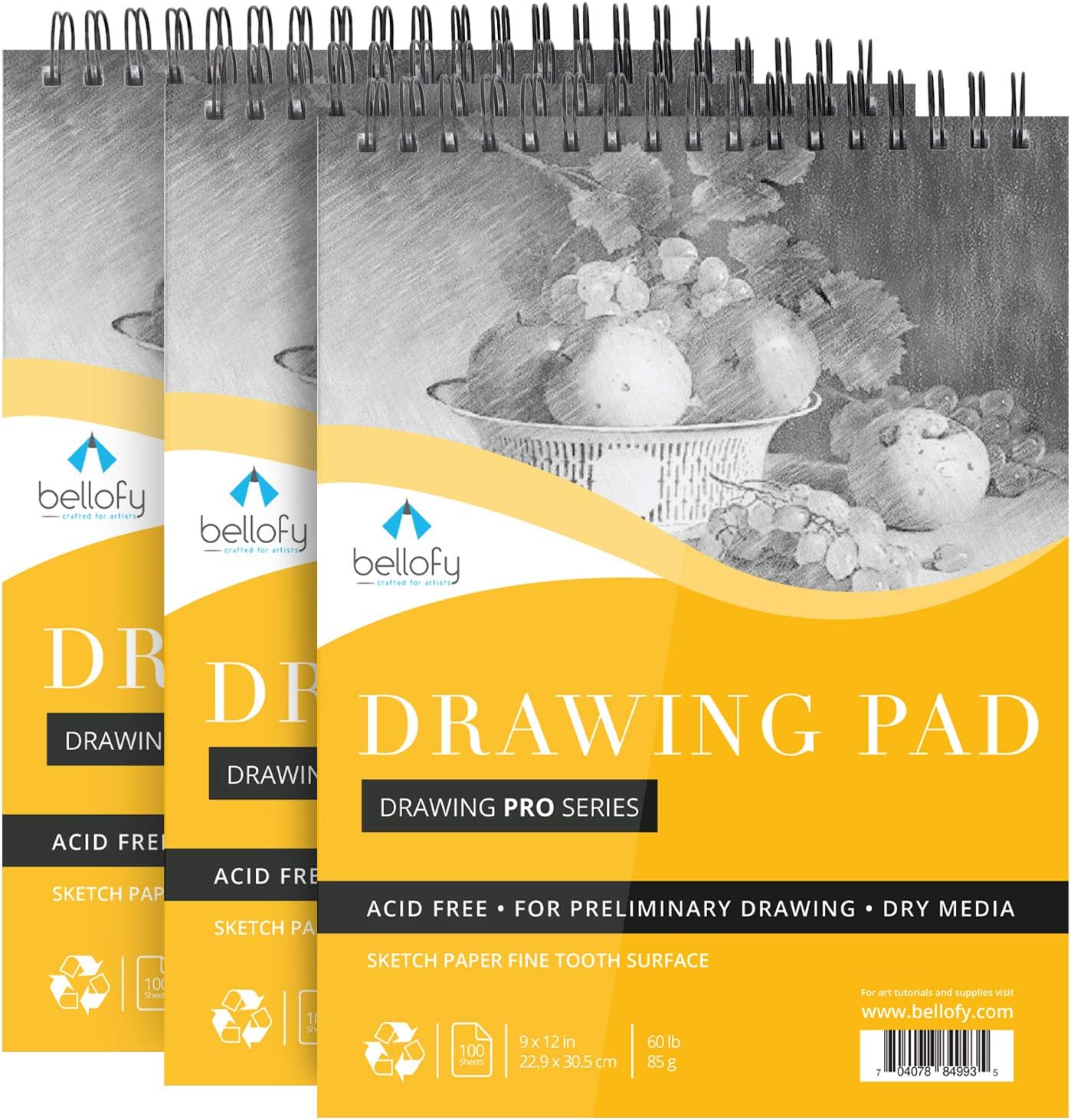 Bellofy 3 x Drawing Paper Pads 9” x 12” | 300 Sheets | 60lbs 85g | Acid Free Sketchbook Paper for Dry Media | Top Spiral Bound Sketchpad for Kids, Beginners, Artists & Professionals: Arts, Crafts & Sewing
