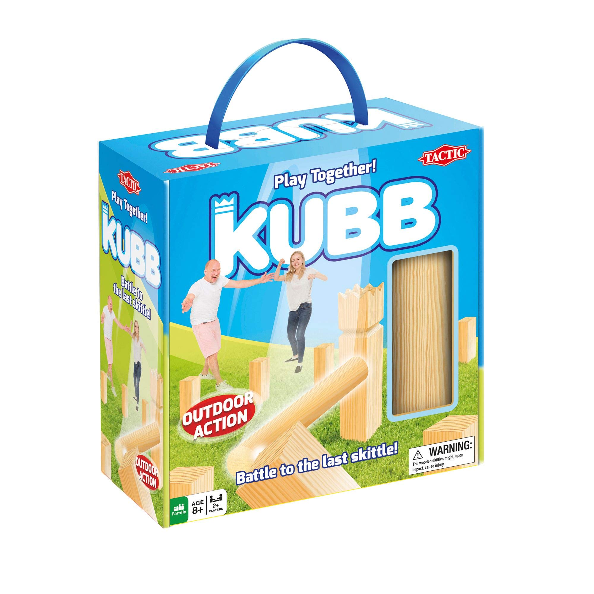 Tactic Kubb Game, 55135 - Medium, Multicolor, Outdoor, Family, 6 Players, Cardboard, No Batteries, Includes 1 King Skittle, 10 Kubb Skittles, 6 Throwing Sticks, 4 Field Marking Stakes, Rules