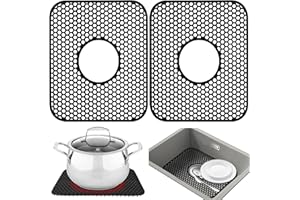 YUBIRD Sink Protectors for Kitchen Sink - 13.58"x 11.6" Sink Mat, 2 PCS Silicone Kitchen Sink Mat for Bottom of Stainless Steel Sink(Black, Ceter Drain)