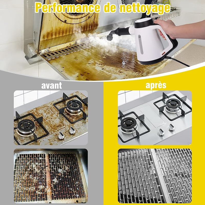 Nettoyeur vapeur à main, 400 ml, multi-fonction, avec 9 accessoires, nettoyeur vapeur sans produits chimiques pour un usage domestique, nettoyage des sols, carreaux, fenêtres, canapés (blanc)