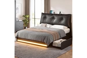 AOGLLATI Full Size Bed Frame with Removable Thick Backrest Headboard, Upholstered Led Bed Frame Full Size with 4 Storage Drawers and Charging Station, No Spring Box Needed, Black