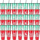 Tioncy 50 Pcs Christmas Plastic Cups with Lids and Straw Bulk, Reusable Christmas Plastic Cups 25 Oz, Christmas Drinking Cups for Juice Coffee Cold Drinks Christmas Party Supplies, 10 Styles