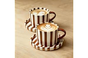 SEICASAYA Set of 2 Ceramic Coffee Cups with Saucers, 240ml Hand-Painted Striped Porcelain Mugs for Espresso and Hot Chocolate