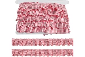 PH PandaHall 9m Gingham Ruffle Trim Red Pleated Trim 4cm Gathered Lace Ribbon Ruffle Ribbon Trim Vintage Lace Edge for DIY Cr
