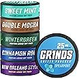 GRINDS Coffee Pouches | New 6 Can Sampler | Wintergreen, Spearmint, Cinnamon Roll | 2X Caffeine: Mocha, Sweet Mint, New Orleans | Tobacco & Nicotine Free