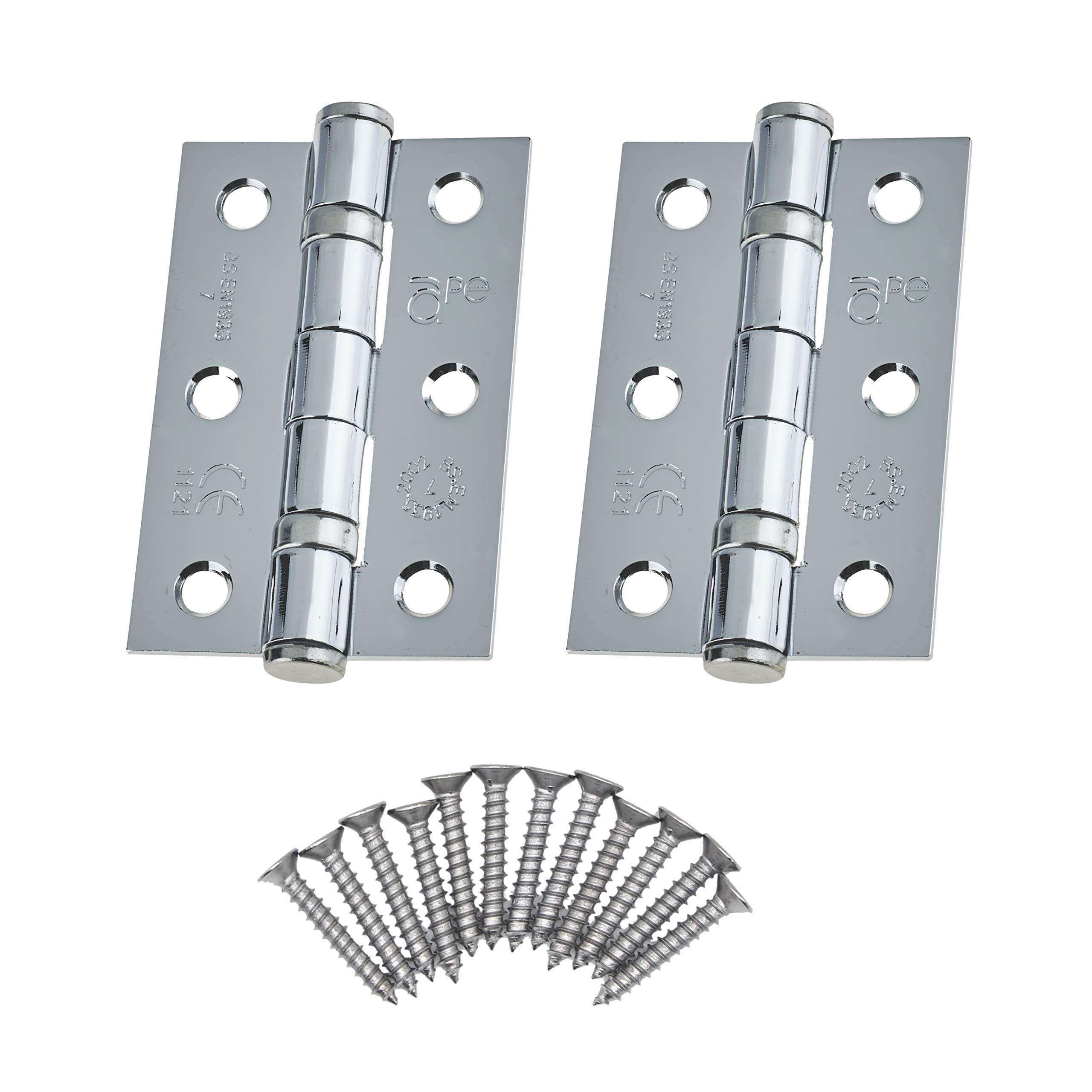 Door Hinges 3 Inch / 76mm Ball Bearing 1 Pair Pack [2 Hinges & Screws] Polished Chrome