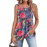 Zeagoo Women's Summer Tank Tops 2026 Pleated Crew Neck Floral Solid Loose Fit Casual Sleeveless Flowy Boho Tunic Shirts