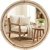 Pocetry Solid Wood 30 Inch Round Beaded Vanity Wall Mirror, Natural Wood | Washed grain adds rustic farmhouse charm to over-sink areas, powder rooms, entry consoles, bedrooms and living spaces