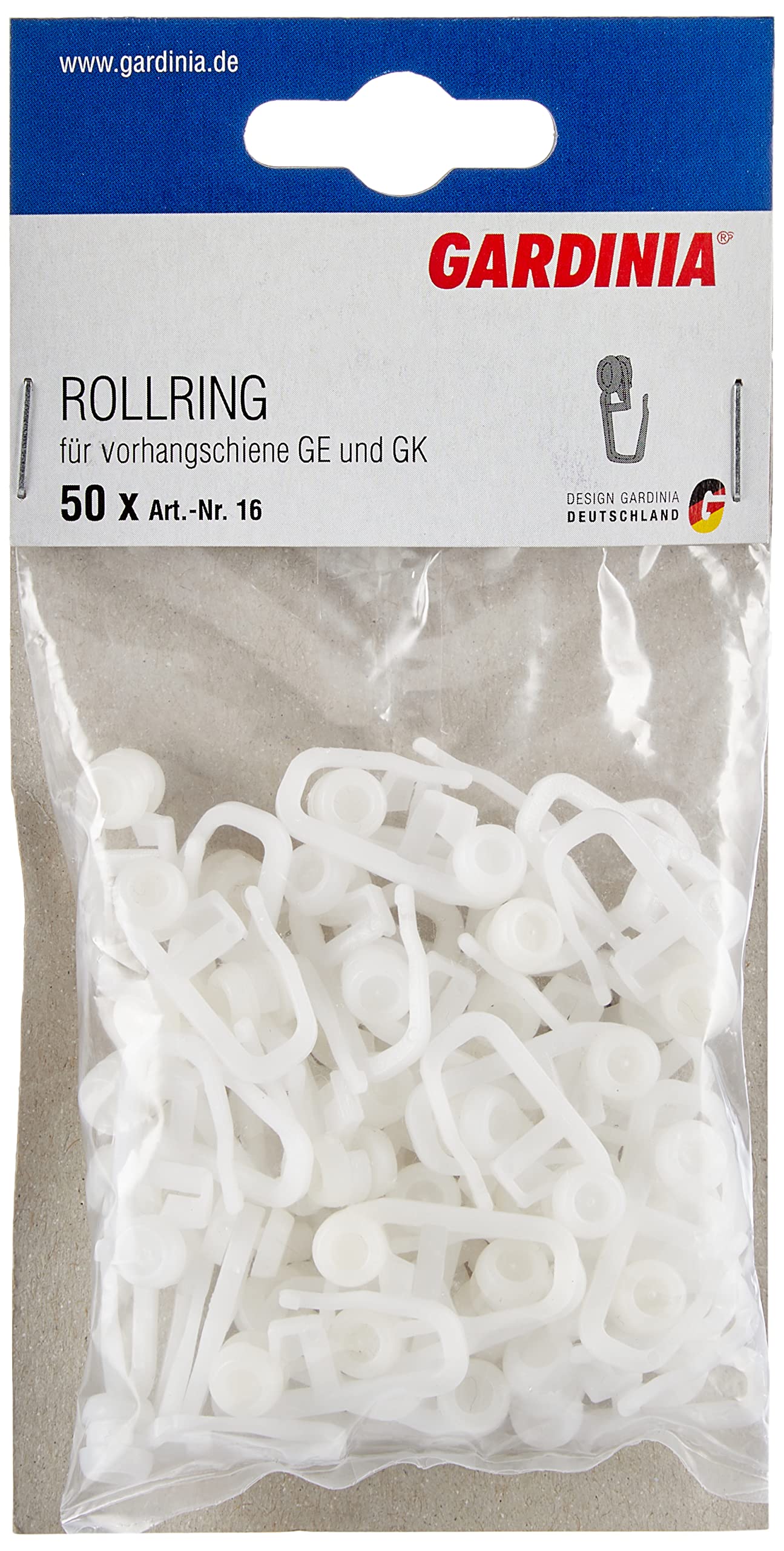 Gardinia Rollers With Hook For GE And P2U Curtain Rod Models, 50 Pack, UV-Resistant, Plastic, White