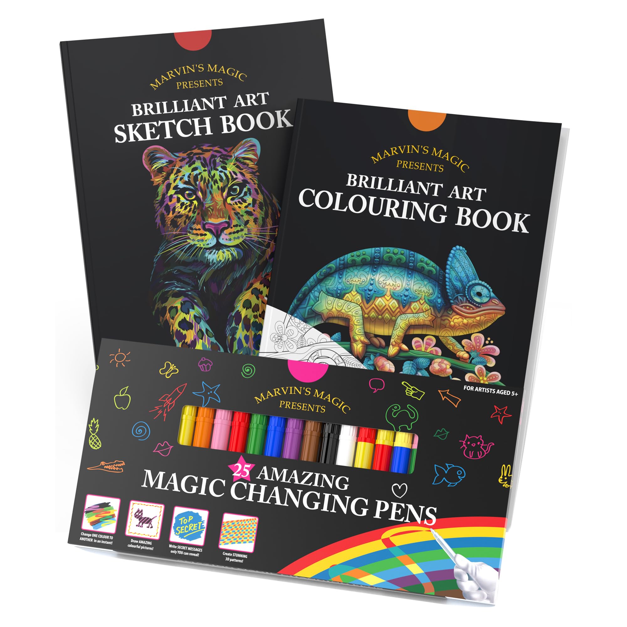 Marvin's Magic - Amazing Art Bundle - 25 Magic Pens and Cool Colouring Book - Sketch Book with 35 Different Animals - Create 3D Art with 3D Pens for Kids - For Little Artists, Ages 5+