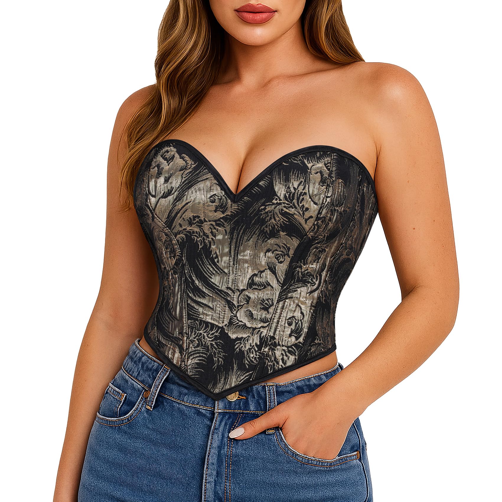 Photo 1 of ***MISSING TIE STRINGS**** LEACOOLKEY Women Sexy Bustier Corset Vintage Floral Overbust Corset Fashion Strapless Party Crop Top