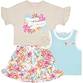 Tommy Bahama Girl's Casual 3-Piece Set - Short Sleeve Graphic Print T-Shirt, Tank Top, and Shorts - Summer Outfit for Kids