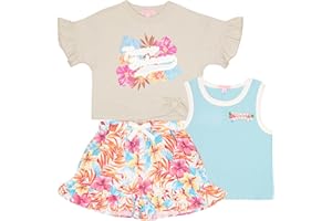 Tommy Bahama Girl's Casual 3-Piece Set - Short Sleeve Graphic Print T-Shirt, Tank Top, and Shorts - Summer Outfit for Kids