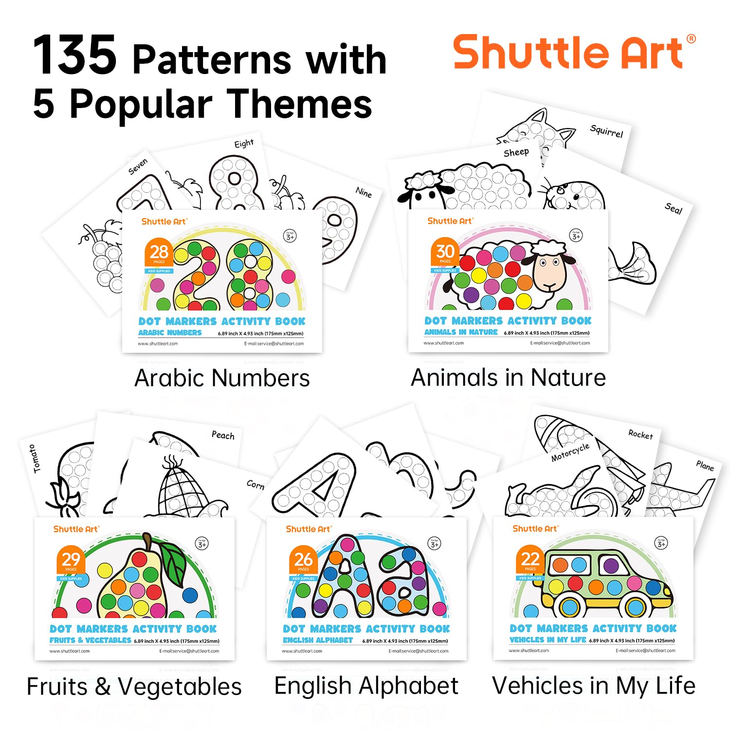Shuttle Art Dot Markers, 14 Colors Bingo Daubers with 135 Patterns, 5 Activity Books, Educational Set With Art Activities,Non-Toxic Washable Coloring Markers