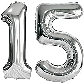 FIROMI 15 Number Balloons Silver Big Giant Jumbo Huge Foil Mylar 15 Balloon Numbers for 15th Birthday Party Anniversary Events Decorations 40-inches