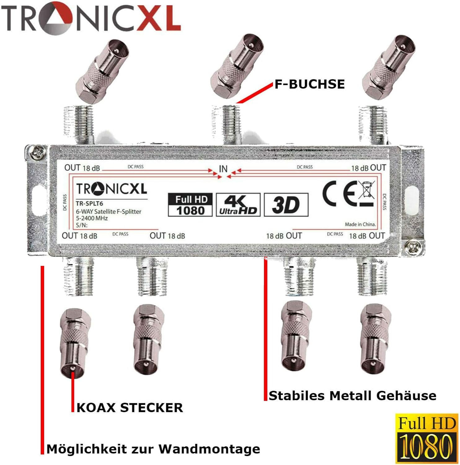 TronicXL 6 Way Broadband 3D 4K HD SAT Splitter Distributor Cable Adaptor For Virgin Media Aerial Freeview Freesat Sky Telewest Eurovox Starview Dreambox Satellites coax coaxial Box Television TV CATV - Image 3