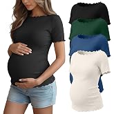 Yearntown 4 Pack Women's Maternity Ribbed Shirts | Pregnant Woman Short Sleeve Tops, Pregnancy Boat Neck T-Shirts, Lettuce Trim Knit Tee, Summer Mama Clothes
