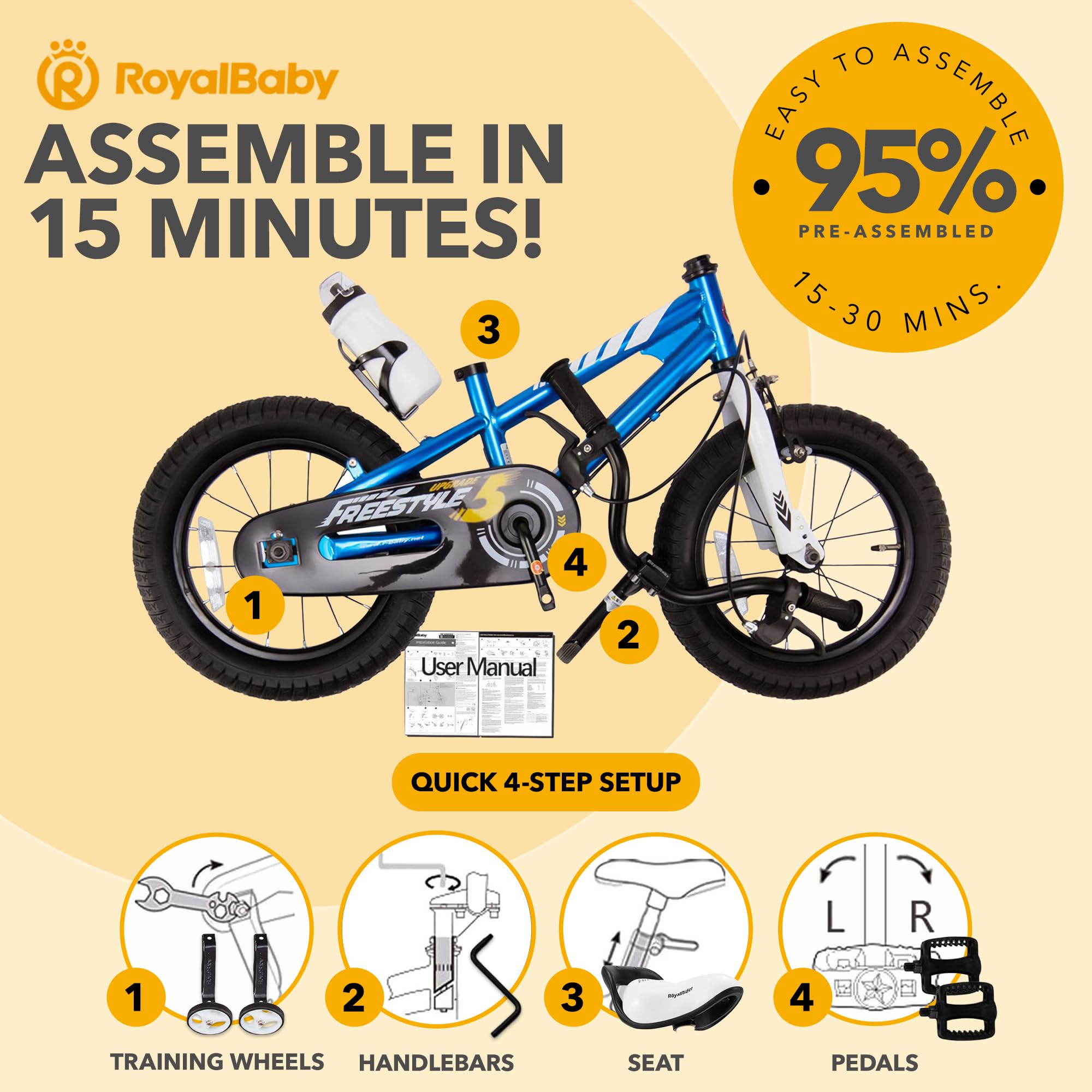 RoyalBaby Kids Bike EZ Balance to Pedal Dual Handbrake Toddlers Boys Girls Bicycle 12-20 Inch for Age 3-10 Years
