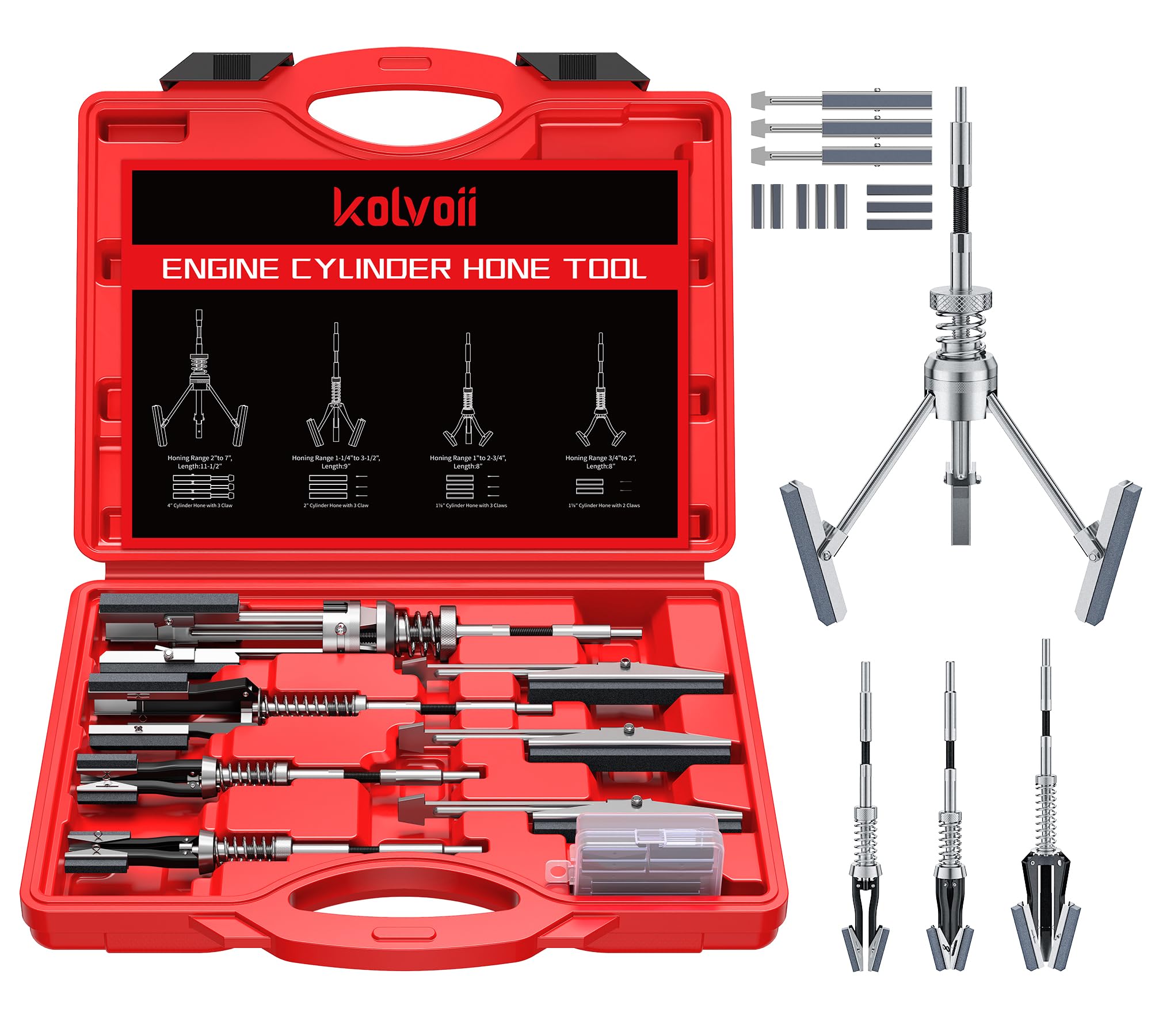 Photo 1 of Kolvoii Cylinder Hone Tool Set with Tool Box, Adjustable Engine Cylinder Honing Tool for Sizes 3/4" to 7" Cylinders, 1-1/8", 3" and 4" Diameters with Extra 11 Piece Replacement Honing Stones - Red
