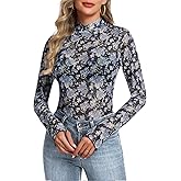 Womens Floral Mesh Long Sleeve Tops Mock Neck Sheer Lace Undershirt with Thumb Hole 2025 Trendy Shirts