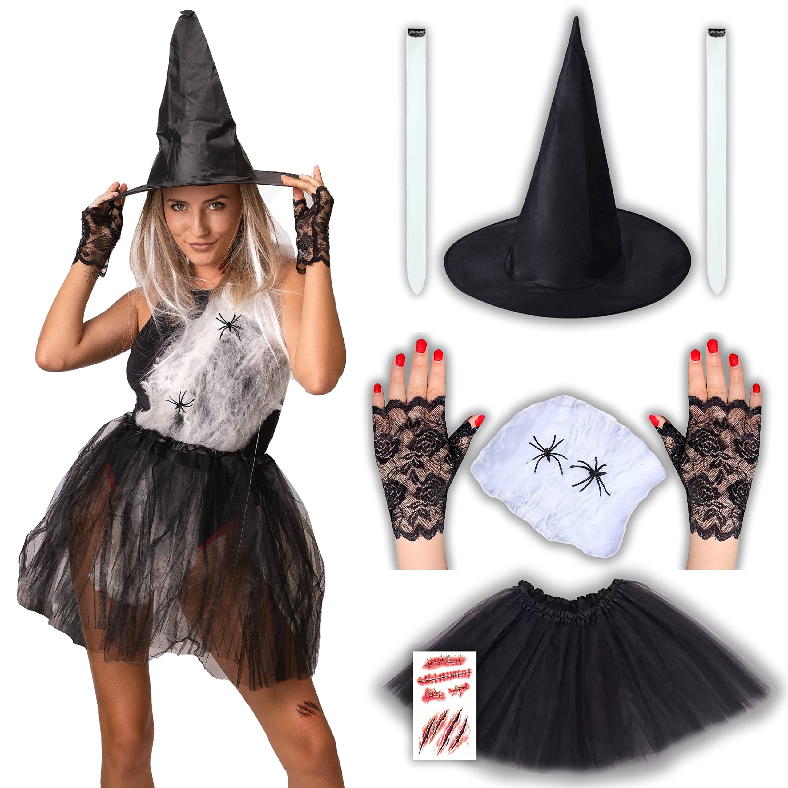 8 pcs Witch Costume - Halloween Costumes For Women - Adult & Teen One Size Fits All Accessories Set - 2025 Trending Fancy Dress - UK Based Brand