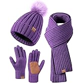 Winter Beanie Hat Scarf Gloves Set for Women, Womens Beanie with Pom Pom Long Scarf Neck Warmer Touchscreen Gloves 3 in 1 Set