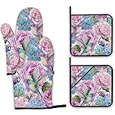 Hummingbird Oven Mitts and Pot Holders Set,Pink Flower Floral Kitchen Decor Heat Resistant Non Slip Hot Pads and Oven Mitt for Chef Cooking Baking BBQ Mom Girl Gifts(4 Piece Set)