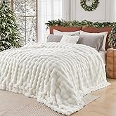 Lotus Karen Queen Size Faux Fur Blanket - Cream White Big Bubble Rabbit Fluff, 90x90 Inches