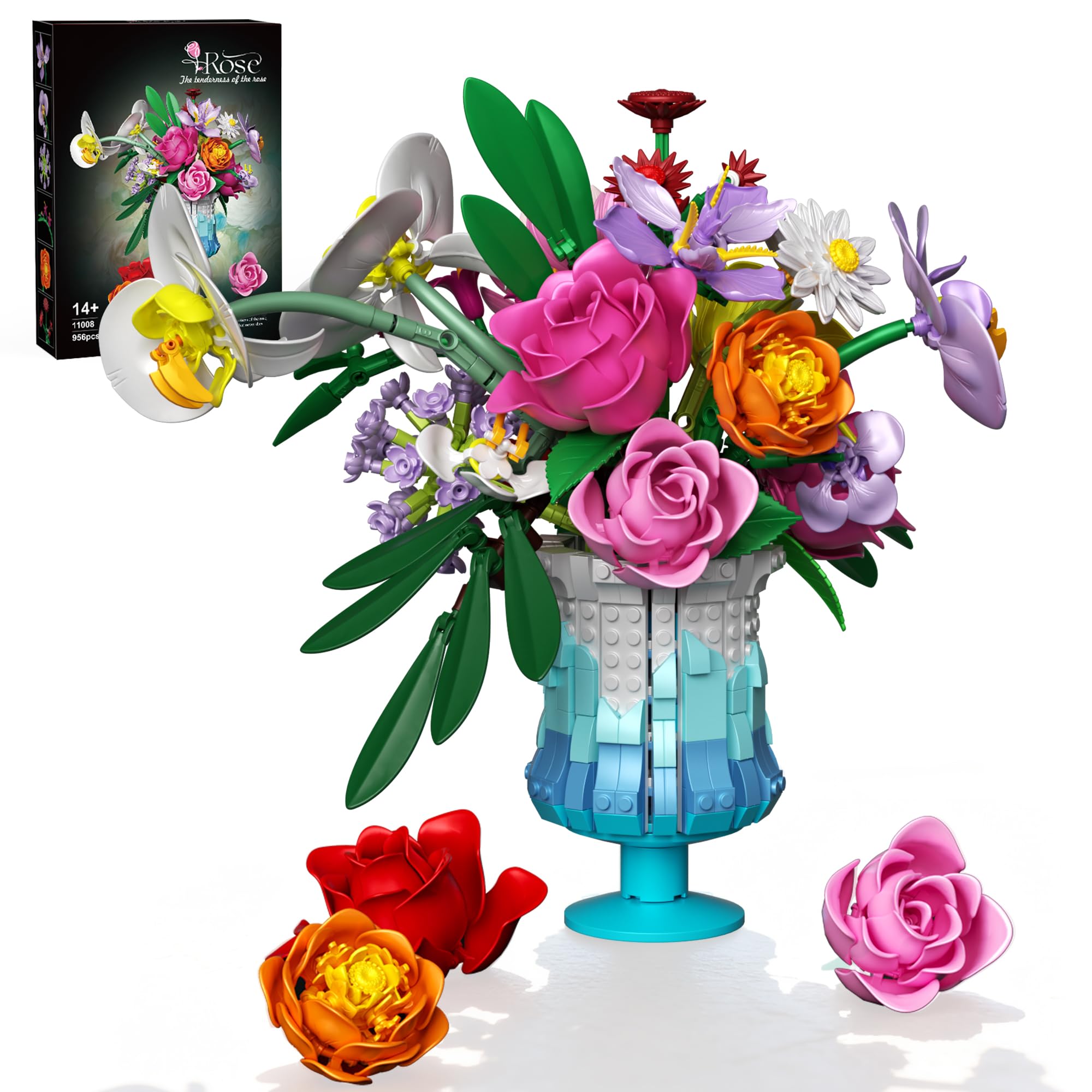 Photo 1 of Mavo brix Flower Building Set with Vase, Artificial Botanical Flower Set for Adults Women, Home Décor Display, Romantic Gift for Christmas, Valentine’s Day, Compatible with Lego Flower, 956 PCS