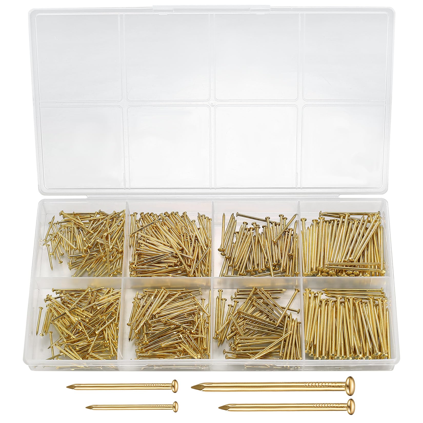 720 Pcs Assorted Nails for Wood, Flat Head Nails, Gold Hardware Wall Pictures Pins Tacks Set, Finishing Nail Assortment Fasteners for Hanging Picture Frame Mirror Construction