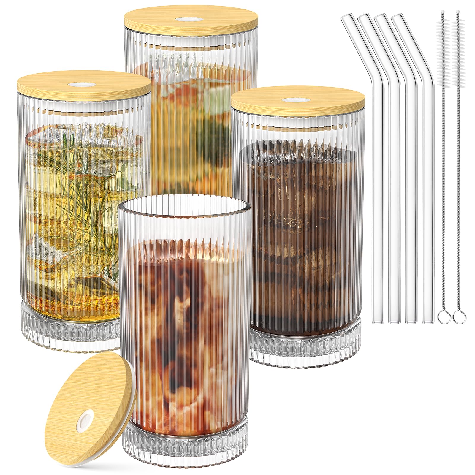 Photo 1 of 15 Oz Glass Cups with Lid and Straw, Iced Coffee Cups with Lid, Vintage Ribbed Glassware for Whiskey Cocktail Beer (4 PACK)
