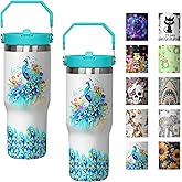 mvhsuoem 30 oz Peacock Blue Flip Straw Tumbler with Top Handle for Peacock Blue Lover Resuable Vacuum Insulated Flip Top Water bottle for Home Office Car