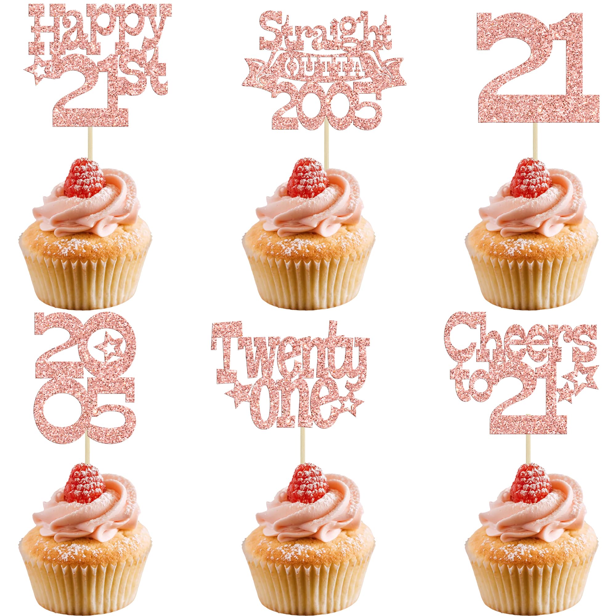 Ephlyn 30Pcs Happy 21st Birthday Cupcake Toppers Glitter Twenty-One Straight Outta 2005 Cupcake Picks Cheers to 21 Years Cake Decorations for 21st Birthday Anniversary Party Supplies Rose Gold