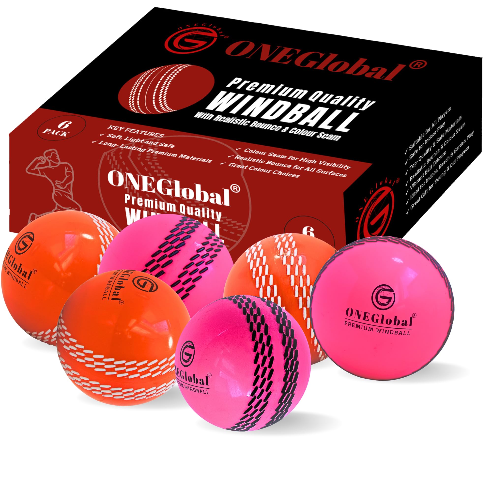 ONEGlobal Premium Windball Soft Cricket Ball | Durable & Safe, Colour Seam, True Bounce & Swing | Wind Ball for Outdoor & Indoor Practice, Coaching, Garden & Beach Games (3Pink+3Orange)