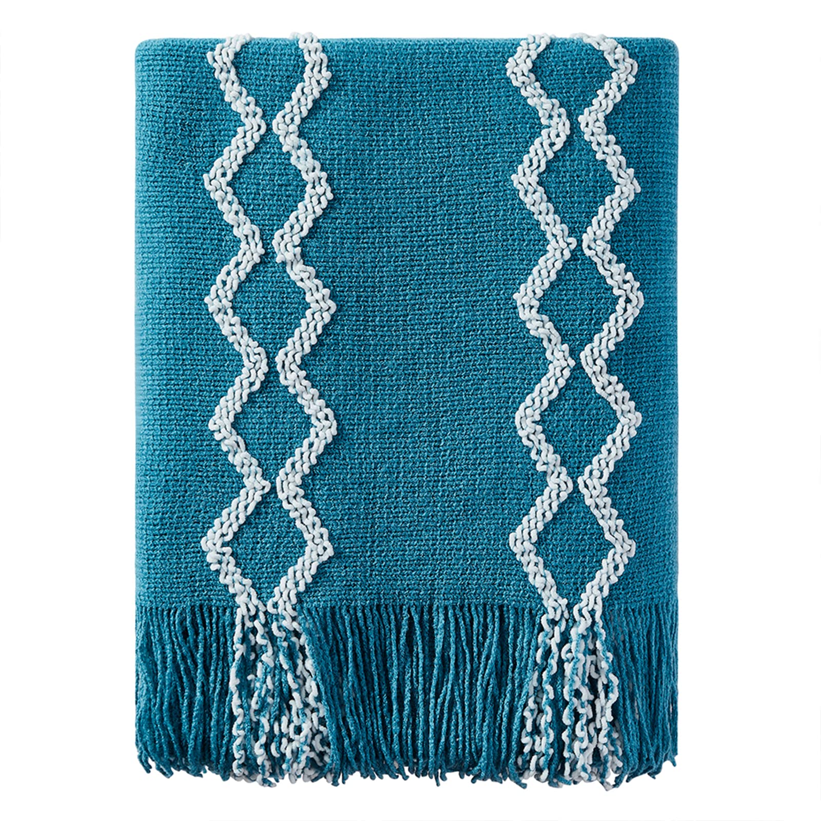 BOURINA Fluffy Chenille Knitted Fringe Throw Blanket, Lightweight Soft Cozy for Bed Sofa Chair (Teal, 127 x 152cm)