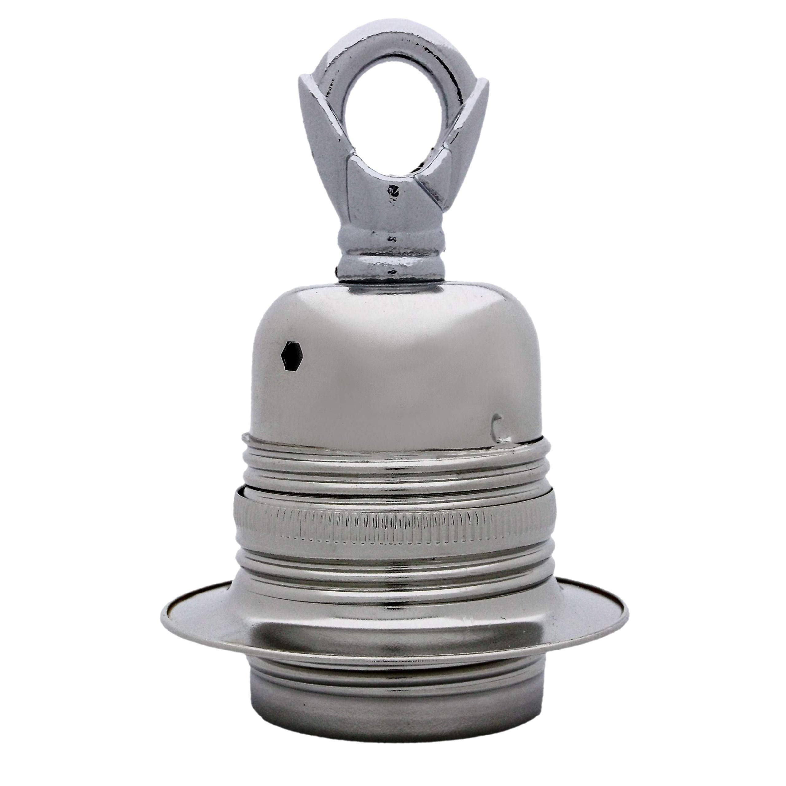 Edison Screw (E27) Metal and Ceramic Earthed Chain use Pendant Lampholder in Silver Nickel Finish with Metal Loop