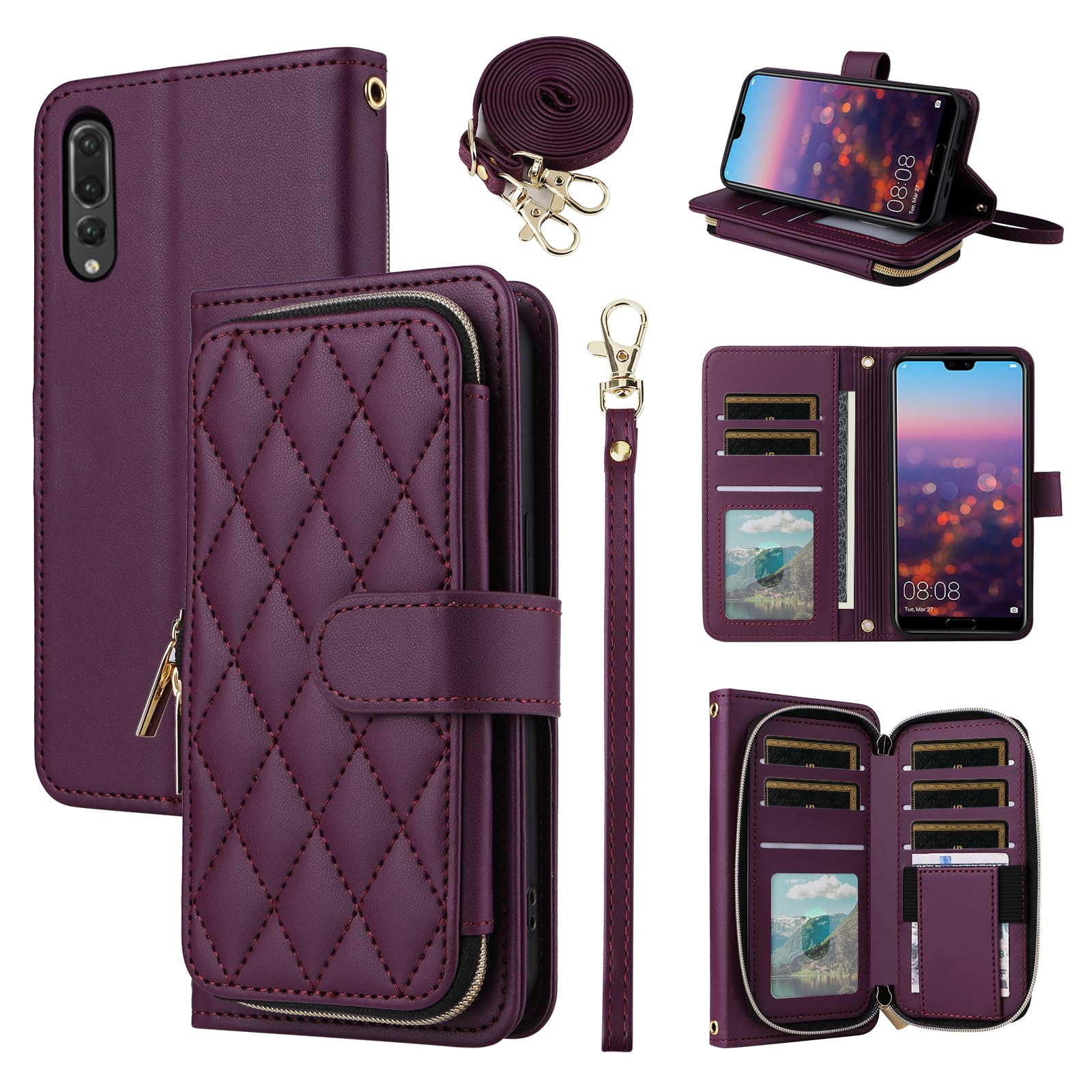 ELISORLI Wallet Case for Huawei P20 Pro with Wrist Strap,Crossbody Shoulder Strap,9 Card Slots Zipper Purse,Luxury PU Leather Stand Cell Accessories Phone Cover for Hawaii P 20Pro 20 P20pro Wine Red