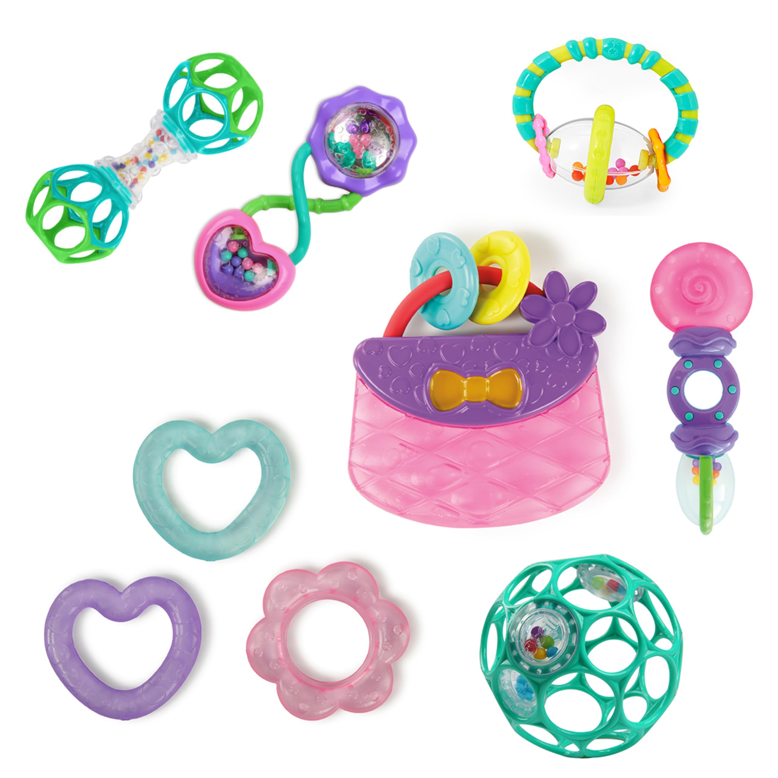 Photo 1 of Bright Starts Everything Nice Teething Toys 9-Piece Set - BPA-Free Rattles and Chillable Teethers, Purple and Pink Baby Toys, 3 Months+