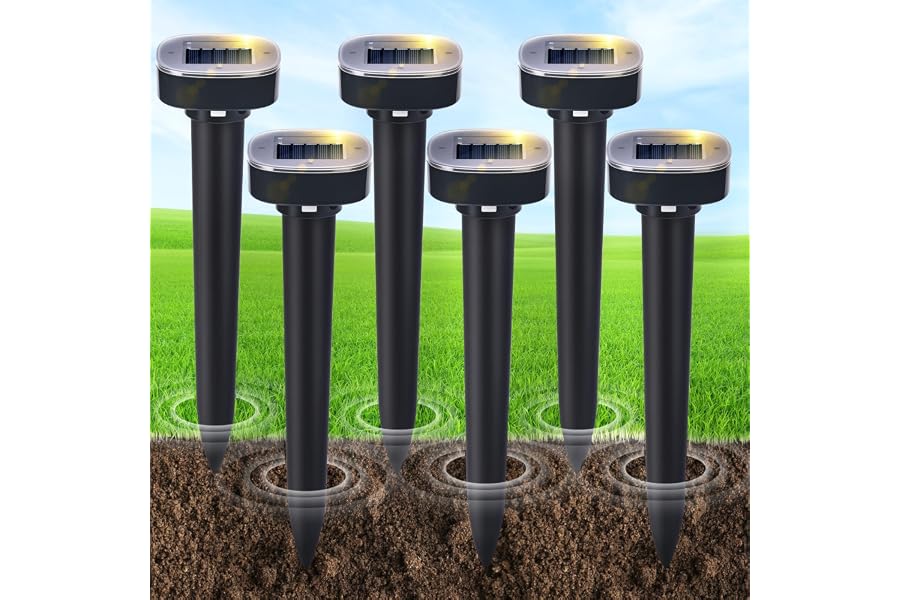 6 Pack Mole Repellent Solar Powered, Snake & Skunk & Vole & Gopher & Armadillo & Rabbit & Groundhog & Chipmunk & Raccoon Repe