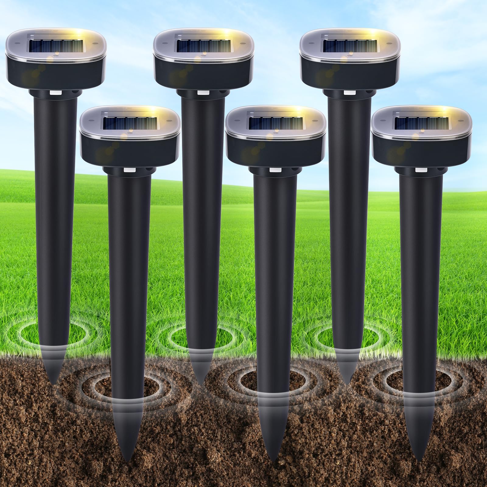 6 Pack Mole Repellent Solar Powered, Snake & Skunk & Vole & Gopher & Armadillo & Rabbit & Groundhog & Chipmunk & Raccoon Repe